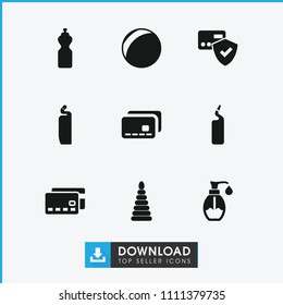 Plastic icon. collection of 9 plastic filled icons such as cleanser, card protection, soap, credit card, fitness bottle. editable plastic icons for web and mobile.