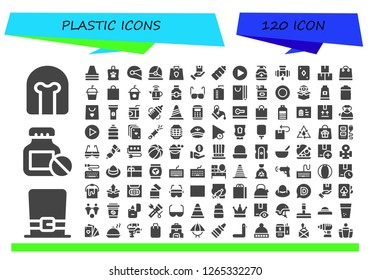  plastic icon set. 120 filled plastic icons. Simple modern icons about  - Helmet, Hat, Bottle, Cone, Bag, Shopping bag, Package, Plastic bottle, Play, Gel, Leak, Card, Soda, Kettle