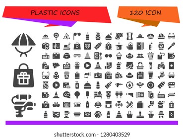  plastic icon set. 120 filled plastic icons. Simple modern icons about  - Hat, Water gun, Bag, Package, Water, Glasses, Gel, Salver, Payment, Sharpener, Helmet, Sunglasses, Shopping bag