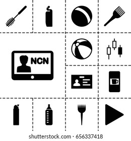 Plastic icon. set of 13 filled plasticicons such as vending machine, baby bottle, ball, beach ball, barber brush, coloring brush, toilet brush, cleanser, badge, play