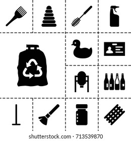 Plastic icon. set of 13 filled plastic icons such as tank, bottle, pyramid, duck, shaving brush, hair curler, coloring brush, mop, toilet brush, cleanser, trash bag, badge