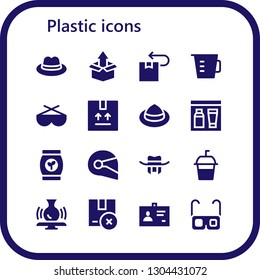 plastic icon set. 16 filled plastic icons.  Collection Of - Hat, Package, Measuring cup, Sunglasses, Gel, Bag, Helmet, Soda, Potter, ID, Glasses