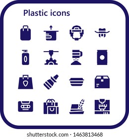 plastic icon set. 16 filled plastic icons.  Collection Of - Shopping bag, Package, Helmet, Hat, Gel, 3d printer, Sieve, Soda, Nasal spray, Lunch box, Cassette, 3d printing