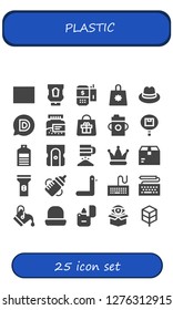  plastic icon set. 25 filled plastic icons. Simple modern icons about  - Gift card, Ketchup, Payment terminal, Shopping bag, Hat, Disqus, Bottle, Bag, Feeding bottle, Package