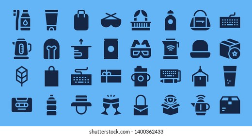 plastic icon set. 32 filled plastic icons. on blue background style Collection Of - Tooth Brush, Kettle, Jungle disk, Cassette, Gel, Helmet, Shopping bag, Water, Package, Keyboard