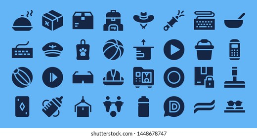 plastic icon set. 32 filled plastic icons. on blue background style Simple modern icons about  - Salver, Keyboard, Beach ball, Card, Package, Hat, Play, Feeding bottle, Bag, 3d glasses
