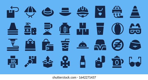 plastic icon set. 32 filled plastic icons. Included Package, Cone, 3d printer, Hat, Shampoo, Shopping bag, Sieve, Kettle, Soda, Copper, Helmet, Ketchup bottle, Water, Lighter icons
