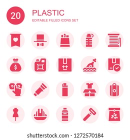 plastic icon set. Collection of 20 filled plastic icons included Badge, Hat, Paper bag, Bottle, Filament, Bag, Jerrycan, Package, Eye glasses, Flashlight, Shopping bag, Dummy