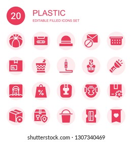 plastic icon set. Collection of 20 filled plastic icons included Beach ball, Cassette, Hat, Blocked, Laundry basket, Package, Bucket, d printing pen, Flashlight, Waste, Shopping bag