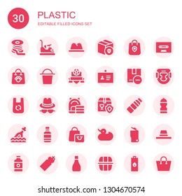 plastic icon set. Collection of 30 filled plastic icons included Filament, Bumper, Hat, Package, Shopping bag, Bucket, Badge, ID, Bag, Water bottle, Bottle, Duck, Garbage, Cassette