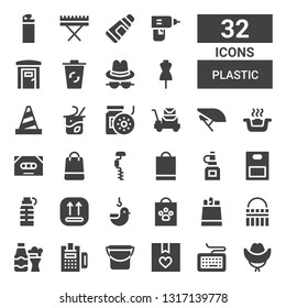 plastic icon set. Collection of 32 filled plastic icons included Hat, Keyboard, Package, Bucket, Payment, Bottle, Paper bag, Shopping bag, Duck, Oil bottle, Drill, Cassette, Litter box