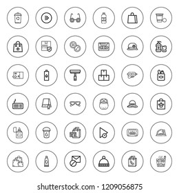 Plastic icon set. collection of 36 outline plastic icons with bag, beer pong, blocked, cassette, buttons, bucket, injection, lighter, hat, glass cleaner icons. editable icons.