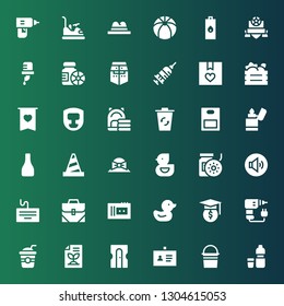 plastic icon set. Collection of 36 filled plastic icons included Water, Bucket, ID, Sharpener, Recycled paper, Straw, Drill, Hat, Duck, Cassette, Bag, Keyboard, Volume adjustment