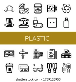 plastic icon set. Collection of Hat, Recycle bin, Sandbox, Instant coffee, Usb flash drive, Lp, Socket, Recycle, Bottle, Sharpener, Garbage bin, Sharpening, Credit card icons