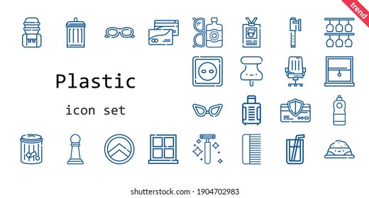plastic icon set. line icon style. plastic related icons such as sun lotion, pet food, shield, sunglasses, suitcase, water tank, chair, garbage, soda, trash, comb, glasses, detergent, id card, pen