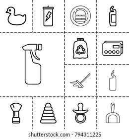 Plastic icons. set of 13 editable outline plastic icons such as pacifier, pyramid, duck, shaving brush, cleanser, trash bag, credit card, protein powder, mop, dustpan