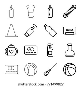 Plastic icons. set of 16 editable outline plastic icons such as baby bottle, beach ball, hair curler, credit card, mop, cleanser, bottle, cassette, usb signal, ball