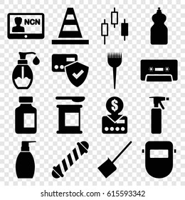 Plastic icons set. set of 16 plastic filled icons such as barber brush, spray bottle, hair curler, dustpan, bottle soap, cleanser, cone, welder mask, medical bottle, soap