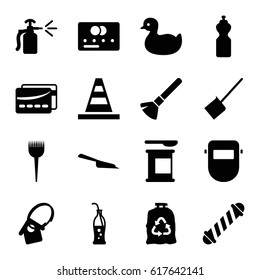 Plastic icons set. set of 16 plastic filled icons such as duck, credit card, barber brush, shaving brush, hair curler, dustpan, trash bag, cone, welder mask, spray bottle