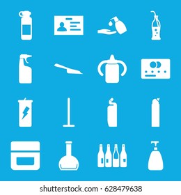 Plastic icons set. set of 16 plastic filled icons such as bottle, baby bottle, credit card, soap, cream, mop, dustpan, cleanser, liquid soap, badge