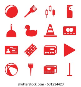 Plastic icons set. set of 16 plastic filled icons such as duck, beach ball, barber brush, hair curler, coloring brush, credit card, mop, dustpan, cleanser, badge, cone, play