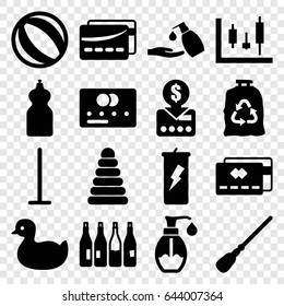 Plastic icons set. set of 16 plastic filled icons such as bottle, pyramid, duck, credit card, mop, cleanser, trash bag, liquid soap, soap, card, beach ball, put money on card