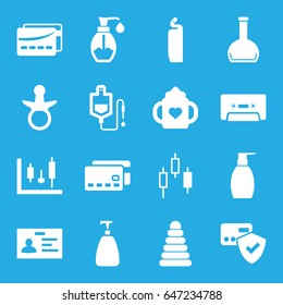 Plastic icons set. set of 16 plastic filled icons such as pacifier, pyramid, baby bottle, soap, bottle soap, cleanser, badge, drop counter, bottle, cassette, card