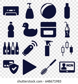 Plastic icons set. set of 16 plastic filled icons such as bottle, duck, spray bottle, soap, cream, toilet brush, cassette, play, soda bottle, badge, usb signal
