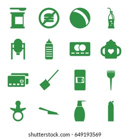 Plastic icons set. set of 16 plastic filled icons such as tank, vending machine, pacifier, ball, baby bottle, barber brush, credit card, dustpan, bottle soap, cleanser