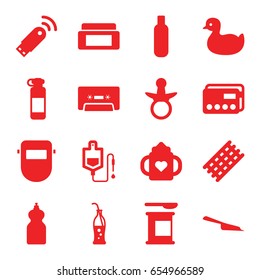 Plastic icons set. set of 16 plastic filled icons such as pacifier, duck, baby bottle, bottle, cream box, hair curler, dustpan, cleanser, welder mask, drop counter, cassette