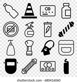 Plastic icons set. set of 16 plastic filled and outline icons such as hair curler, cleanser, cone, welder mask, home key tag, credit card, shaving brush, spray bottle, soap