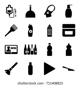 Plastic icons set. set of 16 plastic filled icons such as bottle, shaving brush, coloring brush, cream, dustpan, bottle soap, cleanser, drop counter, play, home key tag