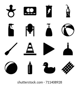 Plastic icons set. set of 16 plastic filled icons such as tank, pacifier, baby bottle, duck, beach ball, hair curler, soap, credit card, dustpan, mop, cleanser, cone, play