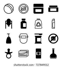 Plastic icons set. set of 16 plastic filled and outline icons such as tank, vending machine, pacifier, cream box, soap, cream, medical bottle, bottle, ball, cleanser