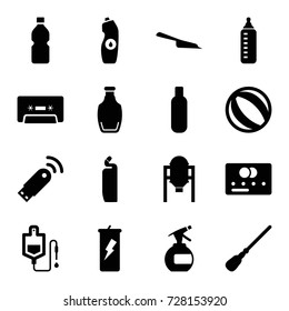 Plastic icons set. set of 16 plastic filled icons such as tank, baby bottle, bottle, credit card, dustpan, mop, cleanser, drop counter, cassette, usb signal, beach ball