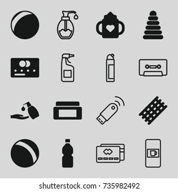 Plastic icons set. set of 16 plastic filled and outline icons such as pyramid, ball, baby bottle, credit card, cream box, hair curler, liquid soap, bottle, vending machine