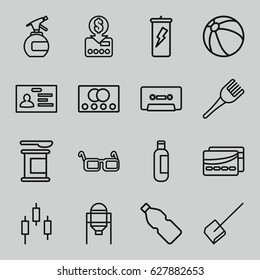 Plastic icons set. set of 16 plastic outline icons such as credit card, tank, beach ball, bottle, spray bottle, coloring brush, dustpan, badge, cassette, glasses, card