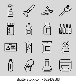 Plastic icons set. set of 16 plastic outline icons such as bottle, shaving brush, spray bottle, coloring brush, cream, cleanser, liquid soap, badge, home key tag