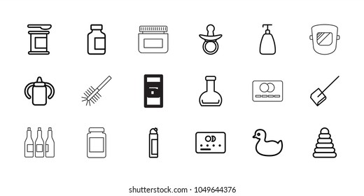 Plastic icons. set of 18 editable outline plastic icons: pacifier, baby bottle, pyramid, duck, credit card, soap, dustpan, cleanser, protein powder, medical bottle, bottle