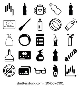 Plastic icons. set of 25 editable filled and outline plastic icons such as credit card, spray bottle, hair curler, mop, fitness bottle, glasses, dustpan, beach ball