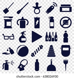 Plastic icons set. set of 25 plastic filled icons such as bottle, pacifier, baby bottle, pyramid, barber brush, cream box, hair curler, dustpan, mop, liquid soap, welder mask