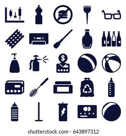 Plastic icons set. set of 25 plastic filled icons such as bottle, baby bottle, ball, beach ball, credit card, barber brush, cream box, hair curler, soap, mop, toilet brush