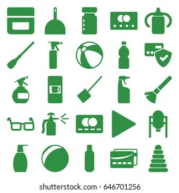 Plastic icons set. set of 25 plastic filled icons such as tank, vending machine, credit card, baby bottle, pyramid, beach ball, bottle, shaving brush, cream, dustpan, mop