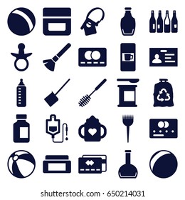 Plastic icons set. set of 25 plastic filled icons such as bottle, vending machine, pacifier, baby bottle, ball, beach ball, credit card, barber brush, cream box, shaving brush
