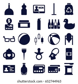 Plastic icons set. set of 25 plastic filled icons such as tank, bottle, vending machine, pacifier, duck, beach ball, baby bottle, barber brush, cream box, mop, dustpan