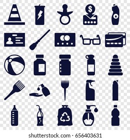 Plastic icons set. set of 25 plastic filled icons such as credit card, pacifier, baby bottle, pyramid, beach ball, barber brush, coloring brush, mop, cleanser, trash bag