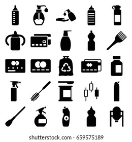 Plastic icons set. set of 25 plastic filled icons such as tank, baby bottle, credit card, spray bottle, coloring brush, mop, toilet brush, cleanser, trash bag, liquid soap