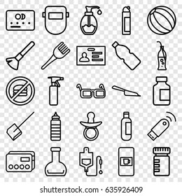 Plastic icons set. set of 25 plastic outline icons such as vending machine, pacifier, bottle, credit card, shaving brush, spray bottle, coloring brush, dustpan, cleanser