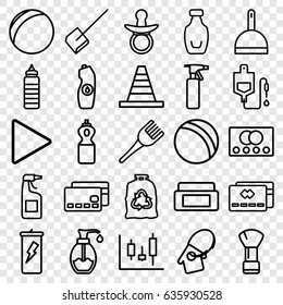 Plastic icons set. set of 25 plastic outline icons such as credit card, pacifier, ball, cream box, shaving brush, spray bottle, coloring brush, dustpan, cleanser, trash bag
