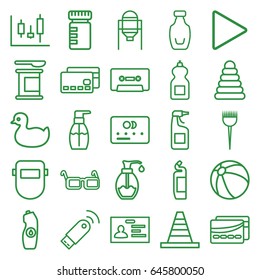 Plastic icons set. set of 25 plastic outline icons such as tank, pyramid, duck, beach ball, credit card, barber brush, bottle soap, cleanser, badge, cone, welder mask